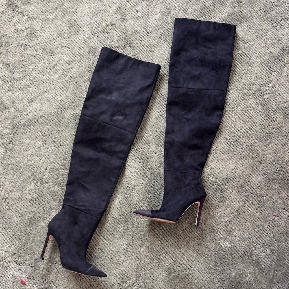 Good American Womens Over the Knee thigh high Boots Black Slouchy Pointed Toe 7